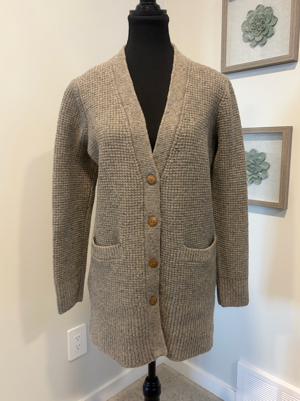 Roots Taupe Knit Lambswool Blend Button-Up Cardigan With Pockets!